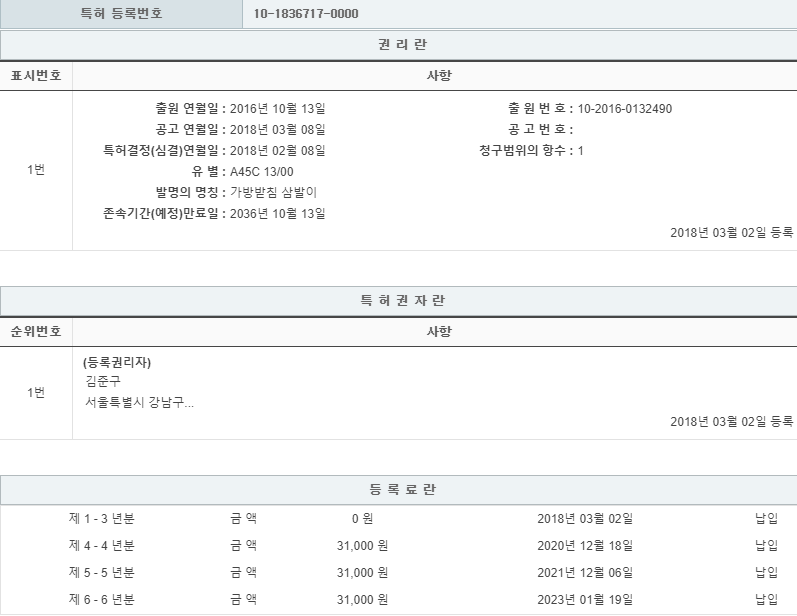 특허 제10-1836717호(가방받침 삼발이, 김준구, 