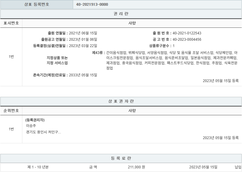 상표등록 43류 제40-2021913호(돈비반, 이승주, 