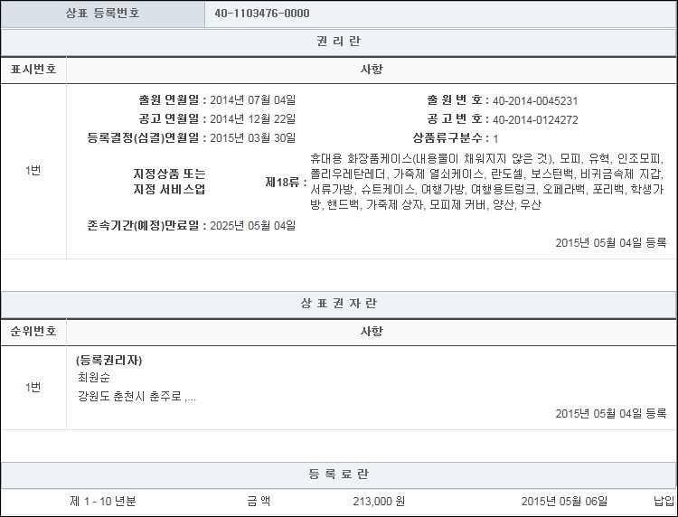 상표등록 18류 제40-1103476호(Swiri, 최원순)