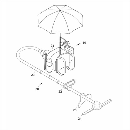 실용신안 제20-0487206호(우산과 송풍팬 거치대를 구비한 예초기 등받이, 장봉수)